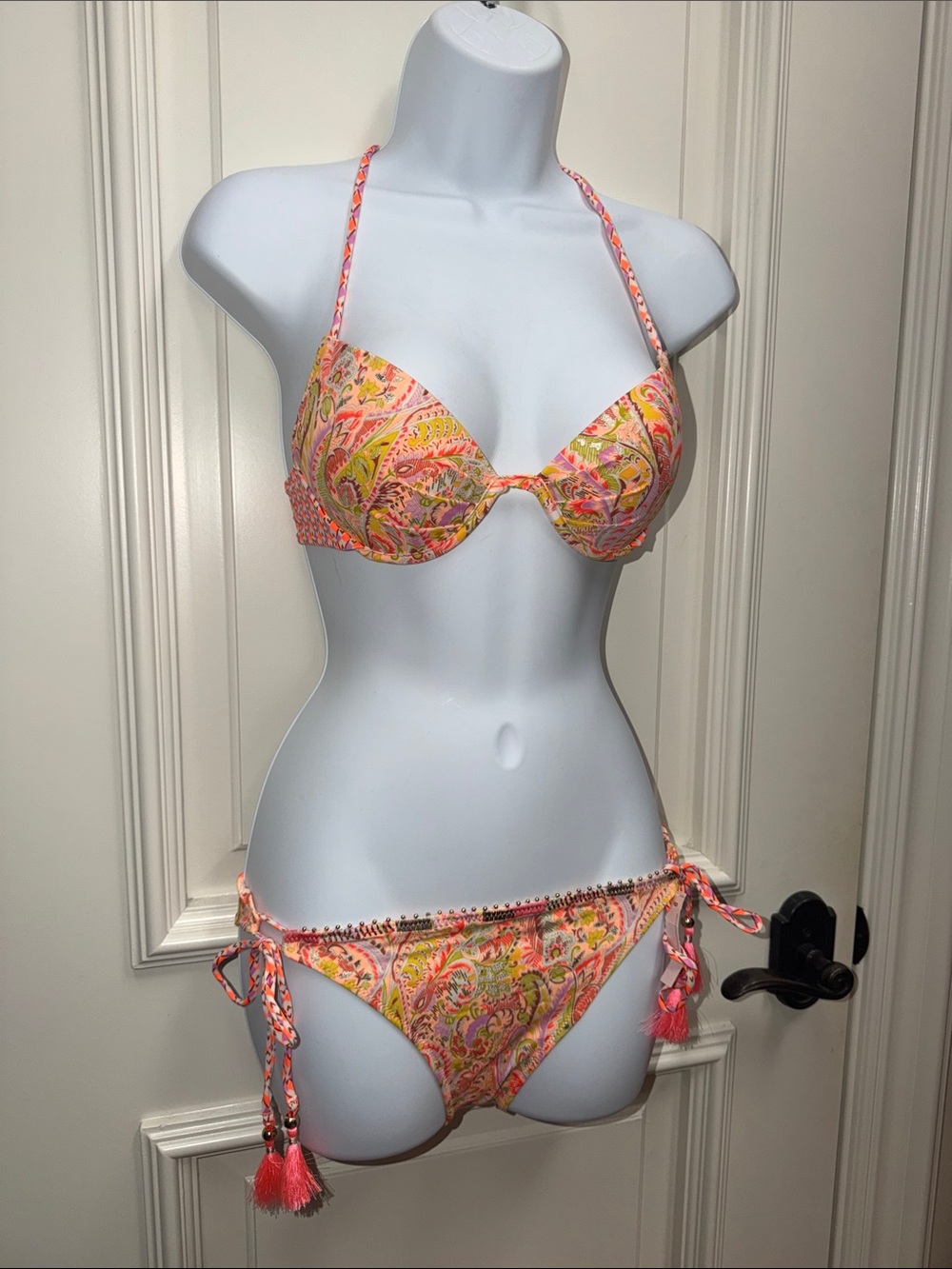victoria secret bra bikini neon pink batik paisley metallic tassel push up print